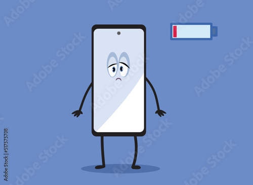Sad Exhausted Powerless Cartoon Mobile Phone with No Battery Left. Upset smartphone in need to be charged with energy 
