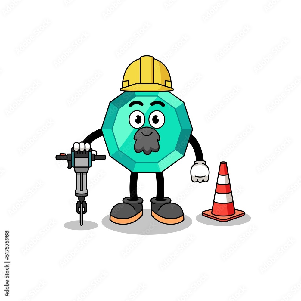 Character cartoon of emerald gemstone working on road construction Character cartoon of emerald gemstone working on road construction
