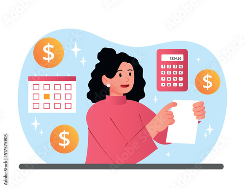 Accountant at work. Woman with sheet of paper evaluates companys expenses and income. Financial literacy and statistics analysis. Businesswoman, manager, clerk. Cartoon flat vector illustration