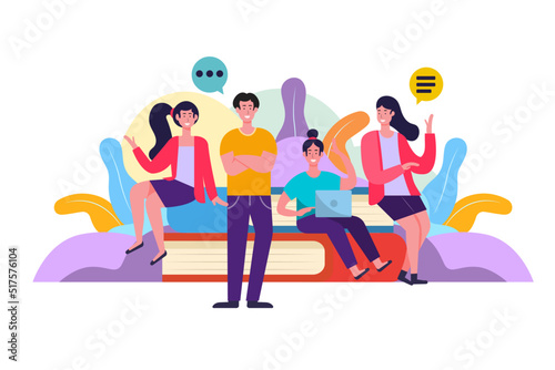 Flat illustration. Educational concept that focuses on students to read books to gain new knowledge. various wisdom in the school library make it successful in the future.