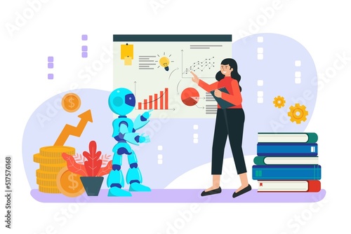 The idea of presenting artificial intelligence opinions. future innovation To better plan, strategy, development, marketing, investment, finance to be successful. Flat illustration.