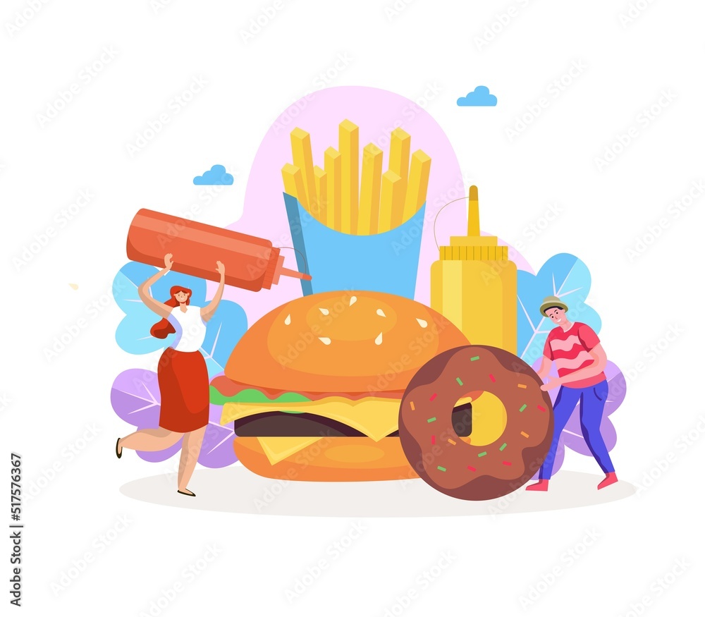 Flat illustration. Fast food concepts such as dessert, coffee, cola, cheese, burger, hot dog, bread, meat, donut, sandwich, soda, hamburger, potato. These menus are very popular.
