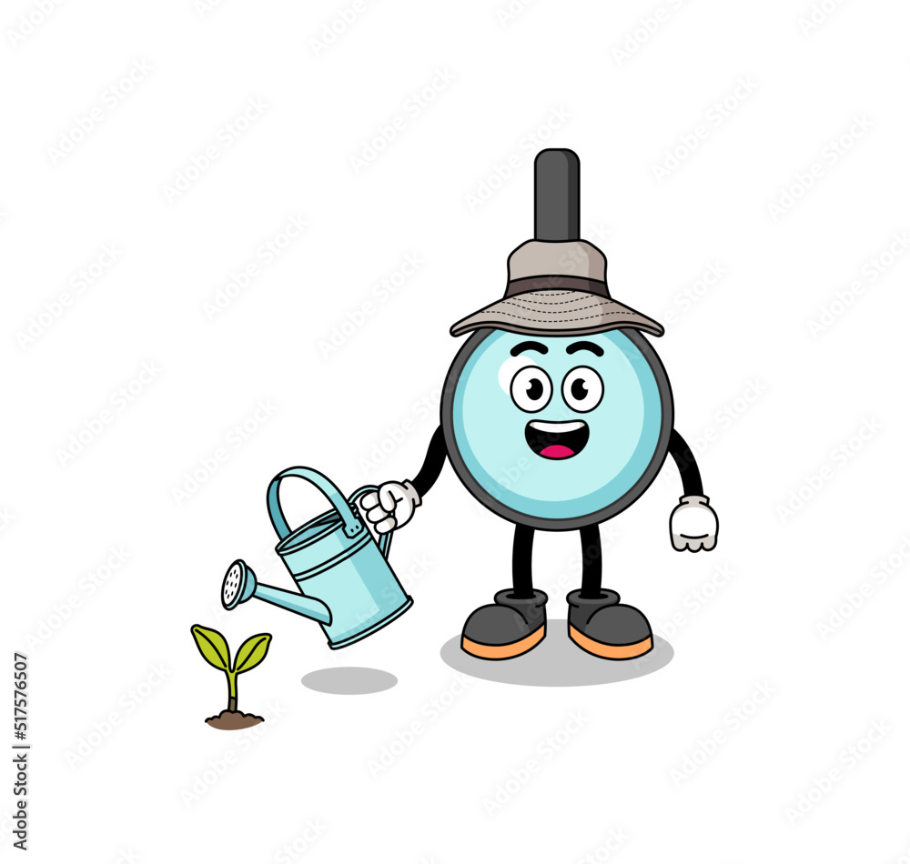 Illustration of magnifying glass cartoon watering the plant