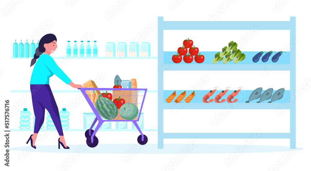 Flat illustration consumer supermarket food shopping concept It is a special promotion, including vegetables, snacks, fruits, mostly household appliances.