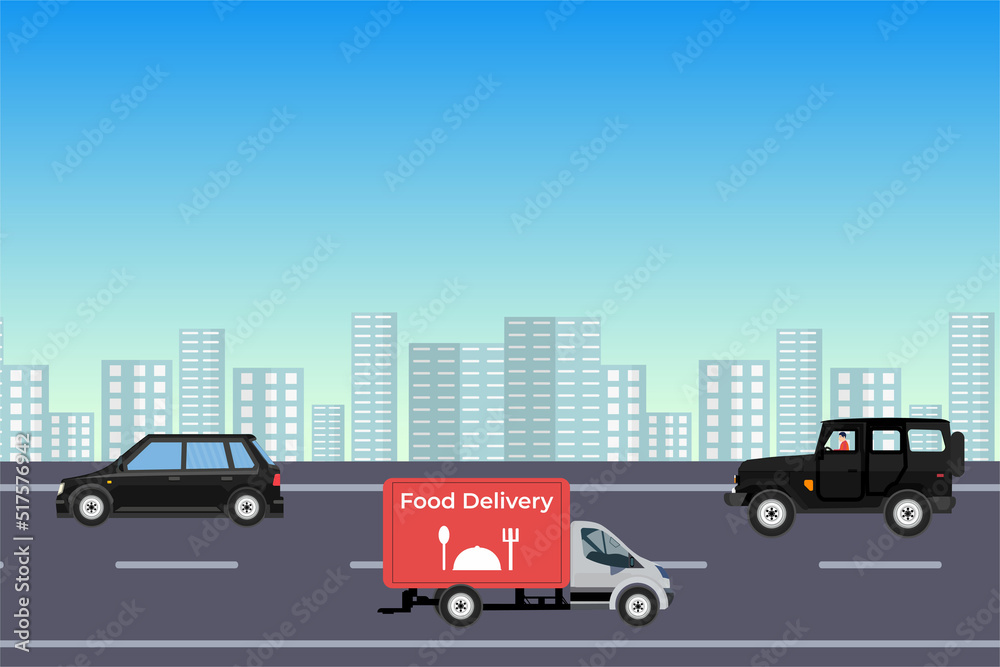 Cars running on the highway of an urban area vector. Tall buildings and cityscape background with vehicles running on the road. Food delivery concept with a van on a town road with buildings.