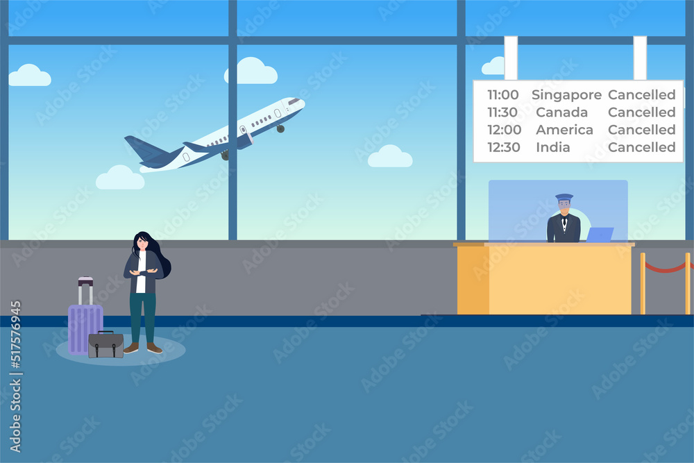 A female angry passenger standing inside the airport with her luggage and bag vector. Flight cancellation concept with an airplane and receptionist vector. Flat character design with an airplane. A female angry passenger standing inside the airport with her luggage and bag vector. Flight cancellation concept with an airplane and receptionist vector. Flat character design with an airplane.