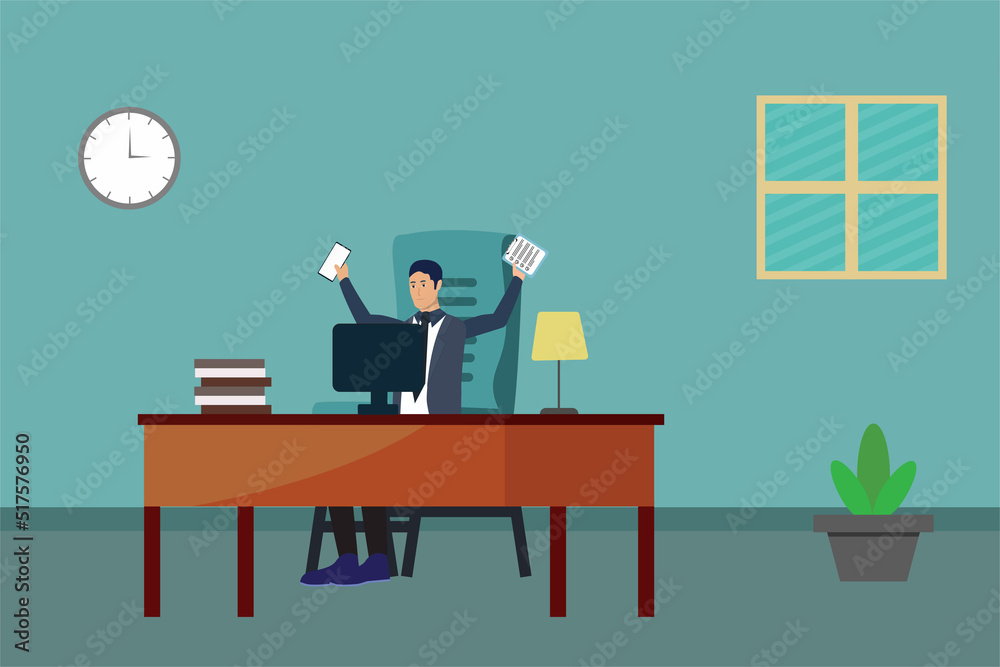 The employee raised his hands with his mobile and notepad while sitting on his chair. Businessman flat character design with working table and office interior. The worker stressed out and screamed. The employee raised his hands with his mobile and notepad while sitting on his chair. Businessman flat character design with working table and office interior. The worker stressed out and screamed.
