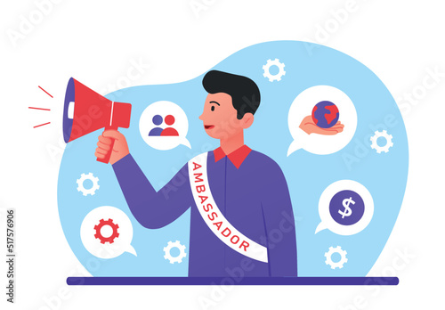 Ambassador of company. Man with loudspeaker asks people to buy goods. Promotion of services with help of famous personalities, popular blogger, marketing on Internet. Cartoon flat vector illustration