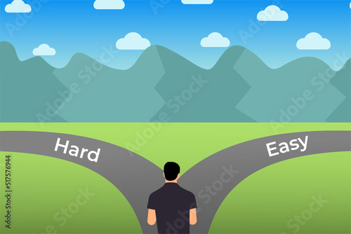 Man choosing a hard or easy working path. Man flat character design with green land and hills vector. Male character deciding what path to choose for his career on an open field vector.