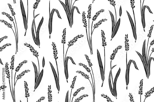 Fototapeta Naklejka Na Ścianę i Meble -  Wheat ear engraving seamless pattern. Cereals ink stamp ripe spike wheat endless print. Agricultural background wallpaper. Design farm ornament, organic vegetarian for bread, beer repeat packaging