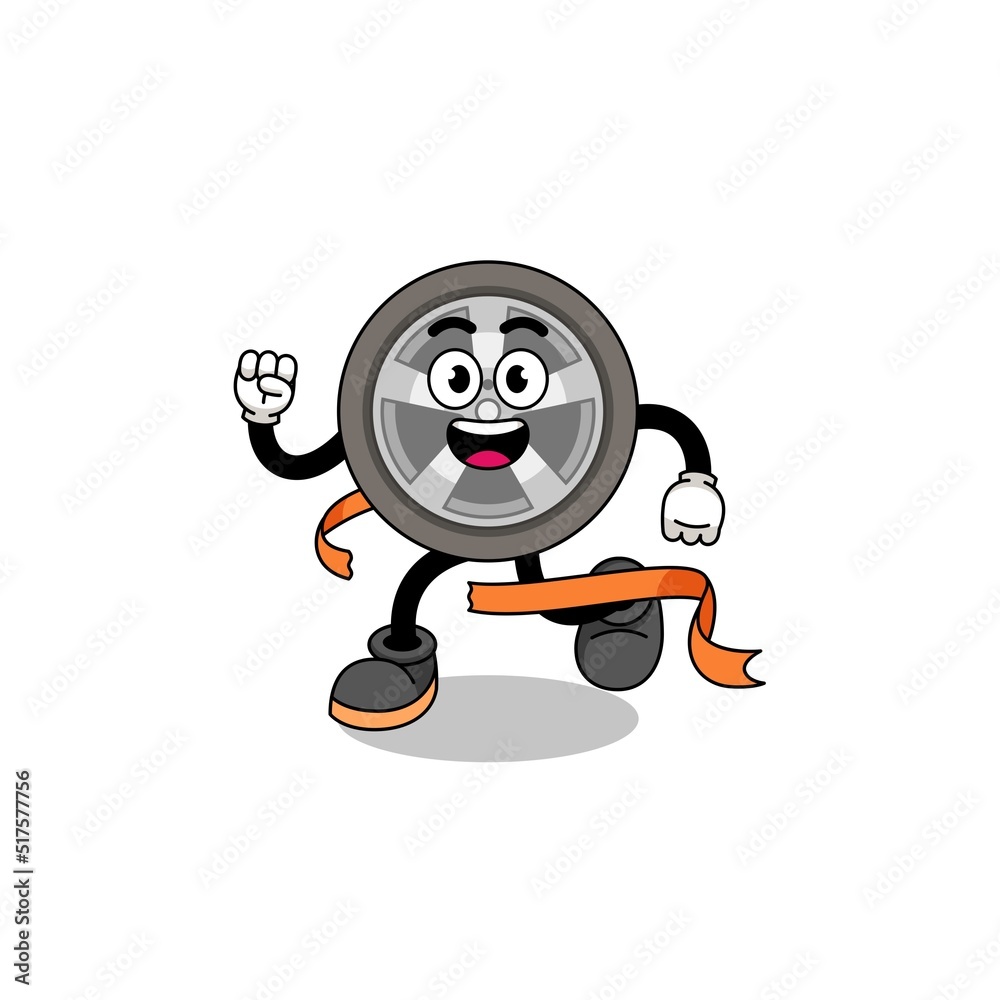 Mascot cartoon of car wheel running on finish line