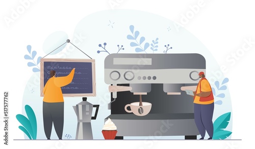 Barista at work. Man and woman prepare hot drinks, person with coffee machine. Service staff in cafe or restaurant. Small business owners or workers with tea. Cartoon flat vector illustration