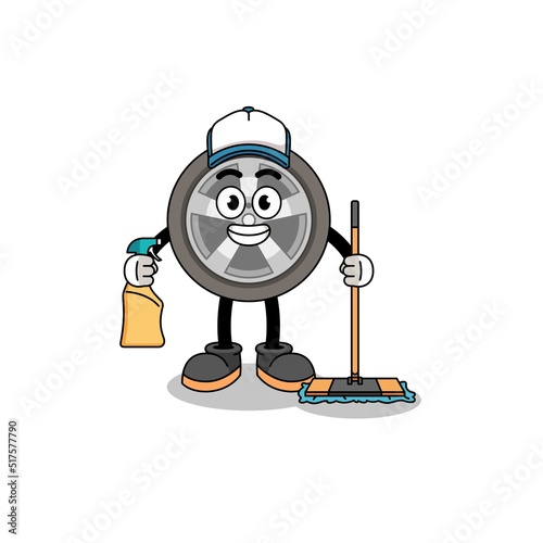 Character mascot of car wheel as a cleaning services