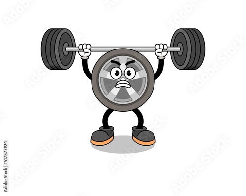 car wheel mascot cartoon lifting a barbell