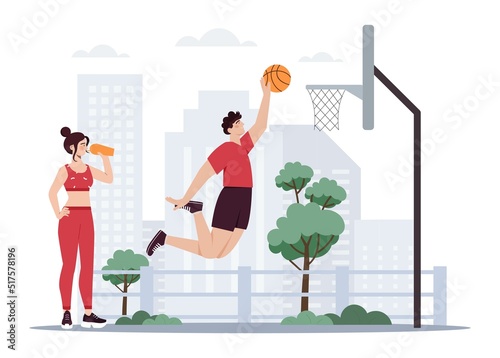 Man and woman playing basketball. Active lifestyle and team sports. Cardio training, entertainment and relaxation after work or study. Students compete at street. Cartoon flat vector illustration