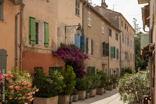 Colorful houses in Saint Tropez, village on Mediterranean sea with yacht harbour, Provence, France