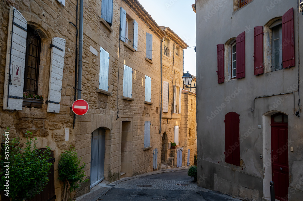 VIew on medieval buildings in sunny day, vacation destination wine making village Chateauneuf-du-pape in Provence, France