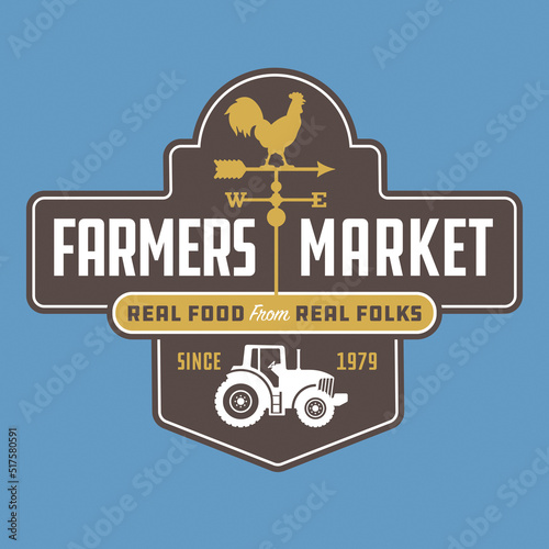 Farmers Market logo or badge design.
Illustration for farmers market poster, sign or advertising featuring farm imagery.