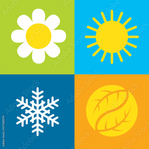 Four seasons vector symbols.
Set of four vector icons on colorful backgrounds representing each of the four seasons, spring, summer, autumn, winter.