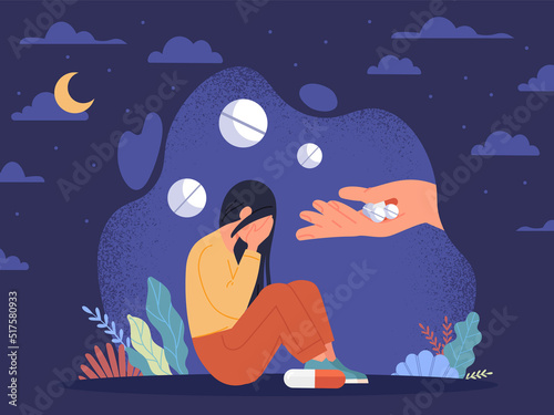 Drug treatment concept. Woman sits with her face in her hands. Mental health and psychological problems. Medical treatment of depression, medicines addiction. Cartoon flat vector illustration
