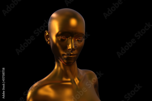 3D render portrait of a gold bald woman on a black background.