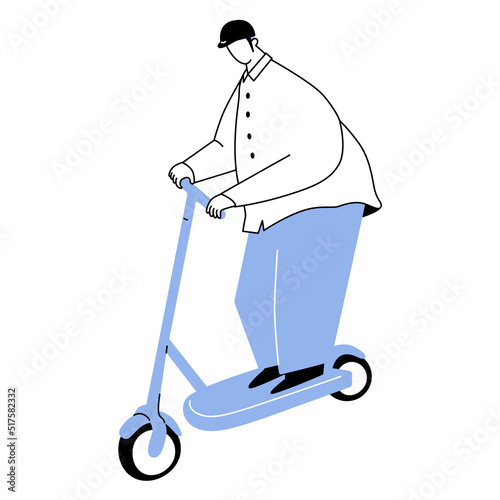 A vector illustration of a man wearing a helmet riding on an electric kickboard.