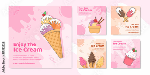 Ice Cream Social Media Post Template Flat Cartoon Background Vector Illustration