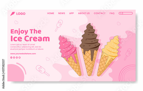 Ice Cream Social Media Landing Page Template Flat Cartoon Background Vector Illustration