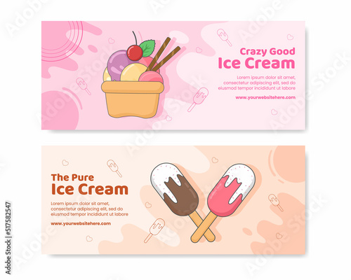 Ice Cream Horizontal Banner Template Flat Cartoon Background Vector Illustration
