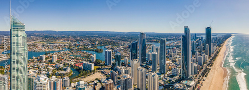 Panoramic aerial drone view of the iconic Gold Coast Beach at Surfers Paradise on the Gold Coast of Queensland  Australia on a sunny day 