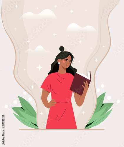 Girl reading book. Love for literature, useful hobbies. Distance learning and education. Self development and search for information. Woman loves poems or stories. Cartoon flat vector illustration