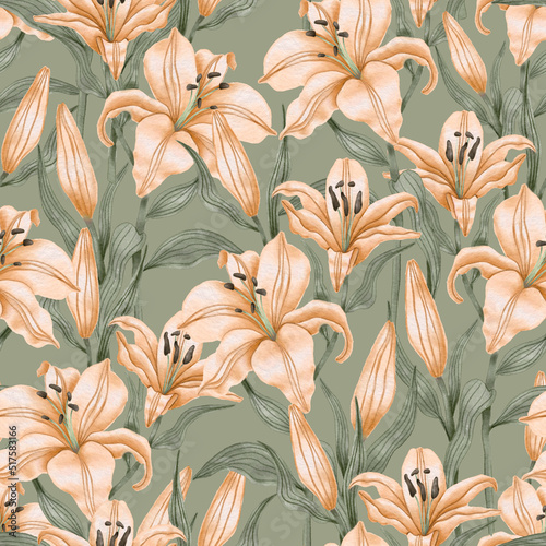 Large lily flowers. Vintage seamless pattern in a watercolor style. Pastel colors.