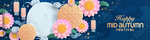 Mid autumn festival paper art style with full moon, moon cake, chinese lantern and rabbits on background.

