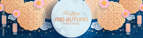 Mid autumn festival paper art style with full moon, moon cake, chinese lantern and rabbits on background.

