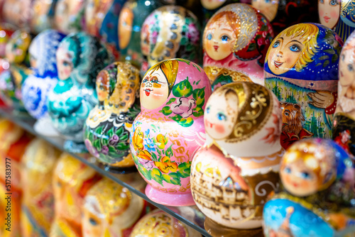 Russian folk souvenirs nesting dolls. Tourism in Russia.
