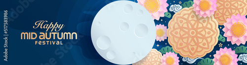 Mid autumn festival paper art style with full moon, moon cake, chinese lantern and rabbits on background.

