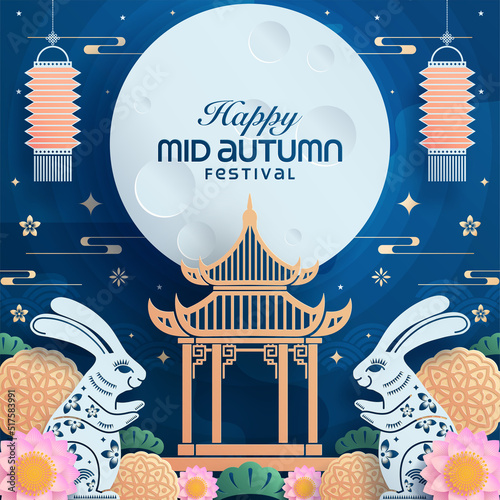 Mid autumn festival paper art style with full moon, moon cake, chinese lantern and rabbits on background.

