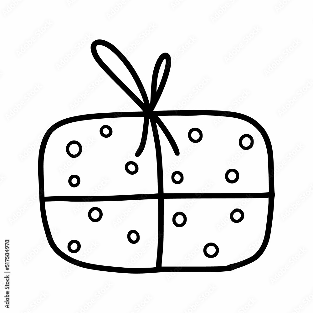 Gift for holiday. Box with bow. Packing paper. Vector doodle illustration.