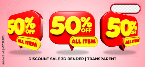 Bundle of 3D render discount 50% sale, sell promo element voucher red, yellow colors