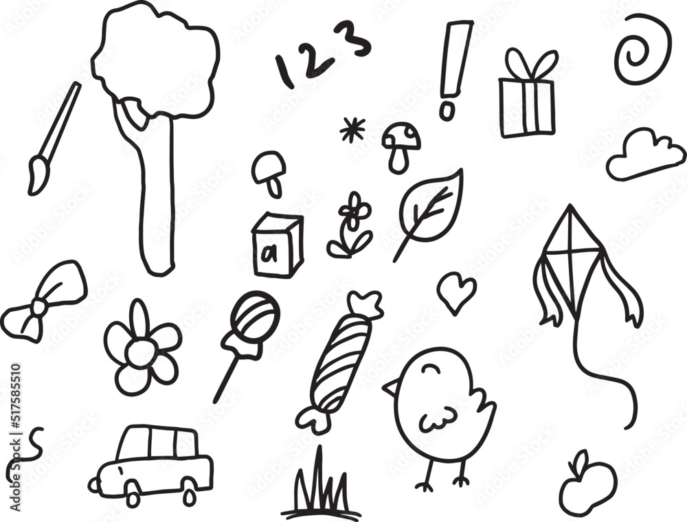 Obraz premium Set of children drawings. Hand drawn set of cute kids doodles. Vector black and white outline.