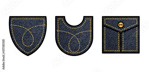 Patch pockets for shirt, bag, pants, dress. Different black denim or jeans pockets with stitch, casual clothing template, vector illustration on white background