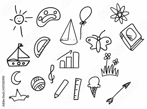 Set of children drawings. Hand drawn set of cute kids doodles. Vector black and white outline.