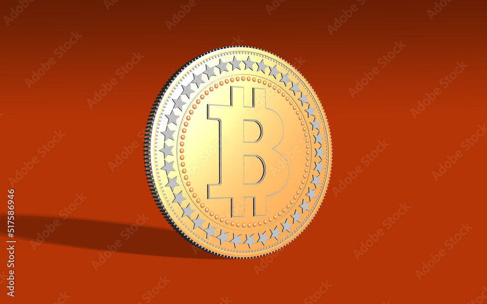 Bitcoin Coin is Standing Against Orange Background Bitcoin Coin is Standing Against Orange Background