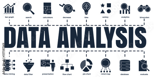 Data analysis banner web icon set. analytics, search, data mining, data filter, pie chart, and etc vector illustration concept.