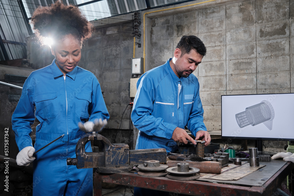 Two professional industry engineer workers partner in safety uniforms ...
