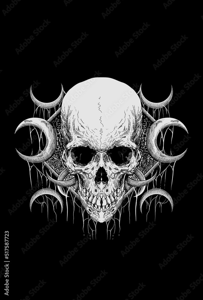 Skull with temple dark and spider webs artwork illustration Skull with temple dark and spider webs artwork illustration