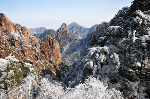 Mountain landscape after heavy snowfall, trees covered with snow and rime, China, Anhui Province, Mount Huang