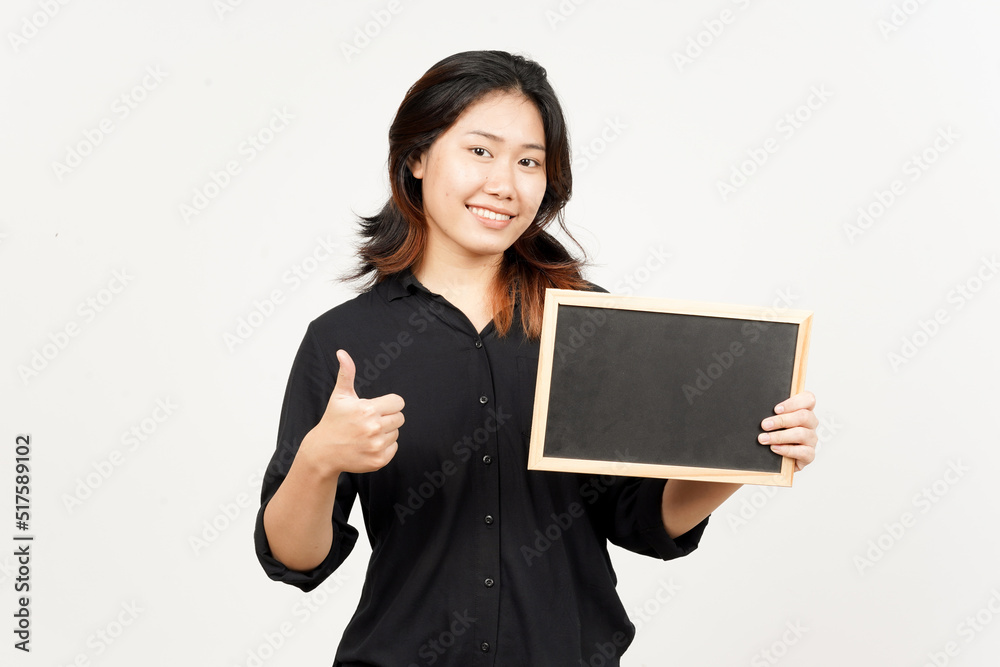 Showing, Presenting and holding Blank Blackboard of Beautiful Asian Woman Isolated On White Showing, Presenting and holding Blank Blackboard of Beautiful Asian Woman Isolated On White