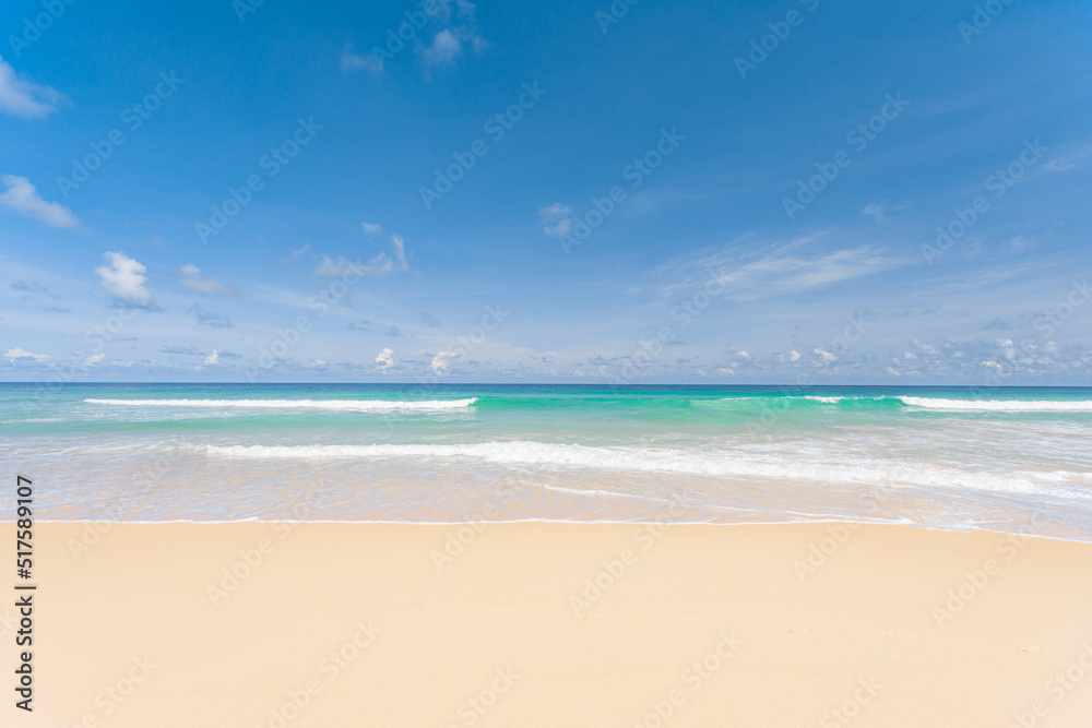Seaside of Thailand, Travel vacation background concept at summer beach with the sunny sky at Phuket island, Thailand. Scene of blue sky and clouds on a sunny day.
