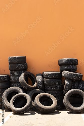 Stacked tires await disposal outside of a tire repair shop.